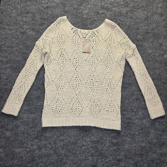 Pins and Needles Sweater Women Medium Ivory Crochet Open Knit Pointelle Pullover - Picture 3 of 9